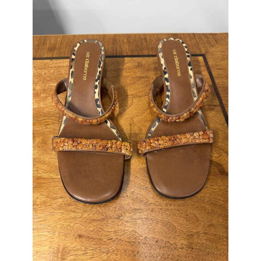 Vtg Y2K LIZ CLAIBORNE Women’s 8.5 Brown Kitten Heels Ankle Slide Sandals Stones